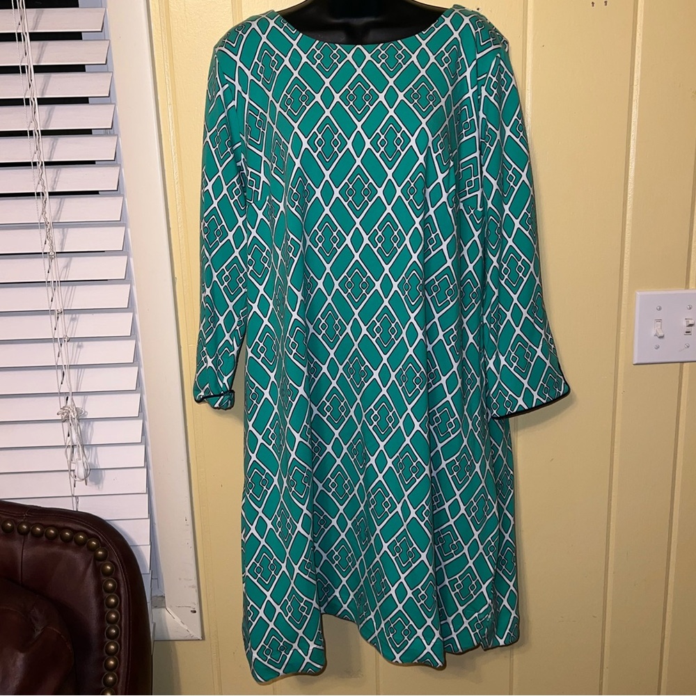 NWT Crown & Ivy Green & White Boho Preppy Wide Sleeve Midi Sheath Dress Size 1X - Picture 1 of 15